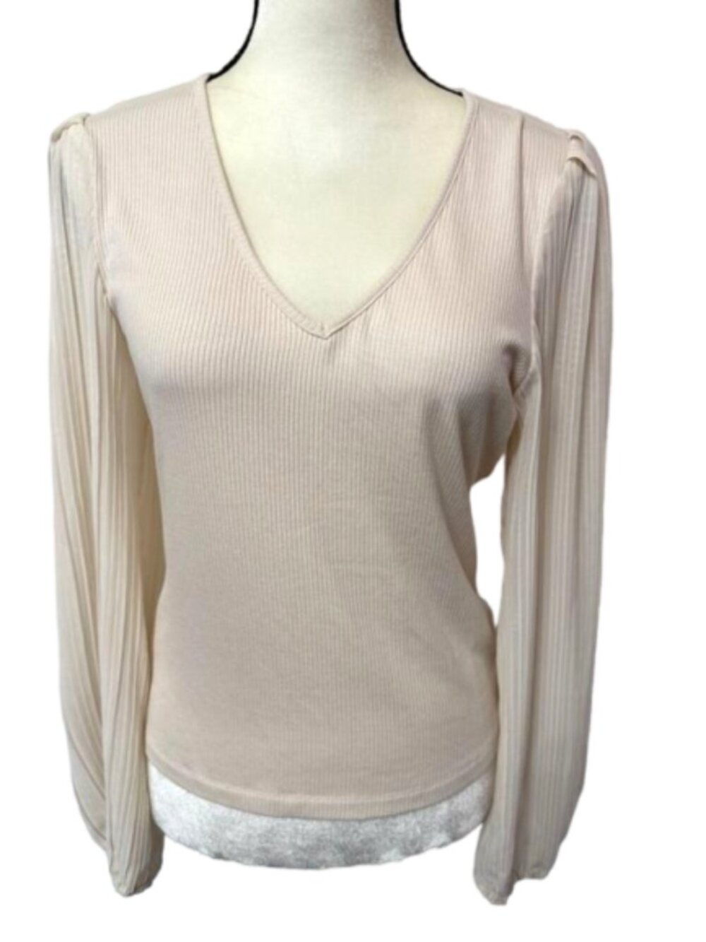 NWT Heartloom Ecru Mona Top V-Neck Long Sleeve Ribbed Top Size L #2432